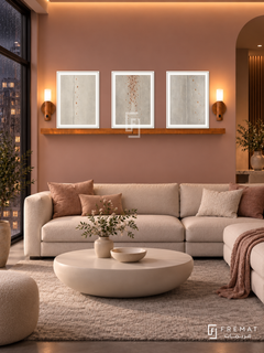 FREMAT Copper Rain shelf set with three 30 x 40 cm white frames, 2 cm white borders, honey wood shelf and two warm sensor lamps. Night modern blush reception, dusty rose wall, ivory modular sofa, rounded white coffee table, pale grey rug, rainy dark window left, soft amber ceiling glow.