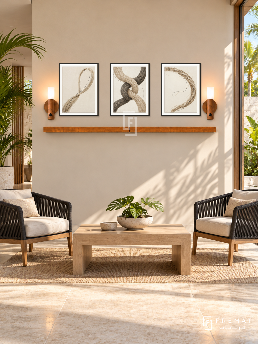 FREMAT Sisal Rhythm shelf set with three 30 x 40 cm black frames, 2 cm white borders, honey wood shelf and two warm sensor lamps. Morning contemporary tropical reception, sand coloured wall, black rope lounge chairs, rectangular pale oak table, light limestone floor, sunny window right, tall palm far left.