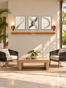 FREMAT Sisal Rhythm shelf set with three 30 x 40 cm black frames, 2 cm white borders, honey wood shelf and two warm sensor lamps. Morning contemporary tropical reception, sand coloured wall, black rope lounge chairs, rectangular pale oak table, light limestone floor, sunny window right, tall palm far left.