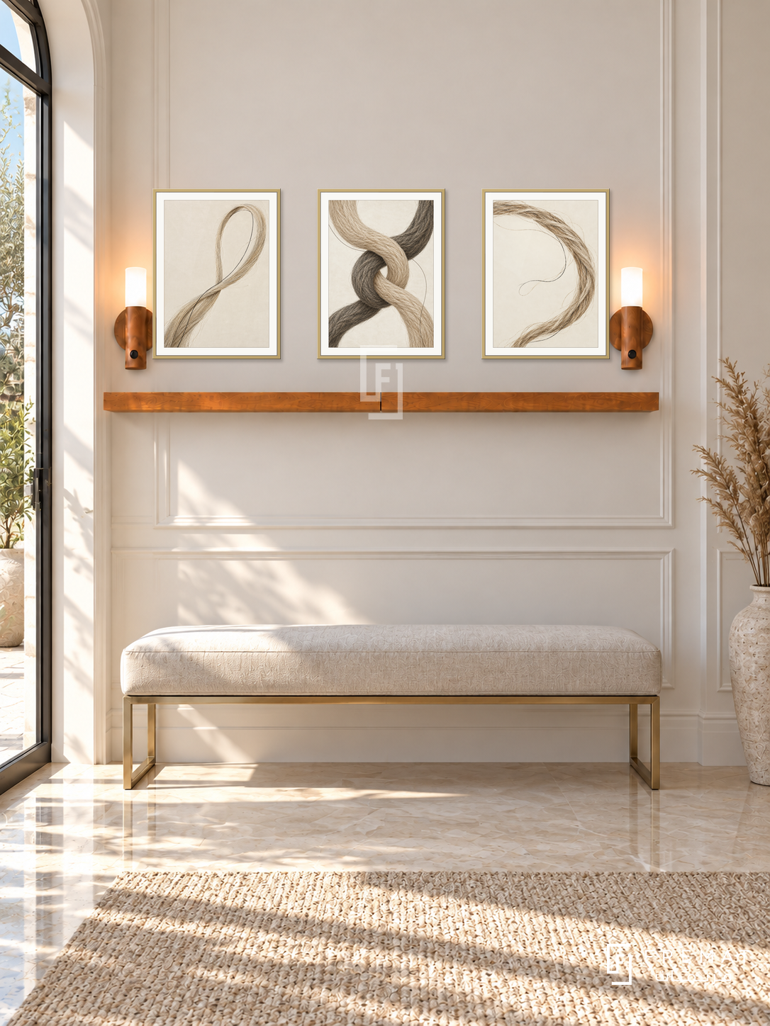 FREMAT Sisal Rhythm shelf set with three 30 x 40 cm gold frames, 2 cm white borders, honey wood shelf and two warm sensor lamps. Morning refined coastal entrance, ivory moulded wall, oatmeal upholstered bench with brushed brass base, cream marble, sunny doorway left, dried reed vase far right.
