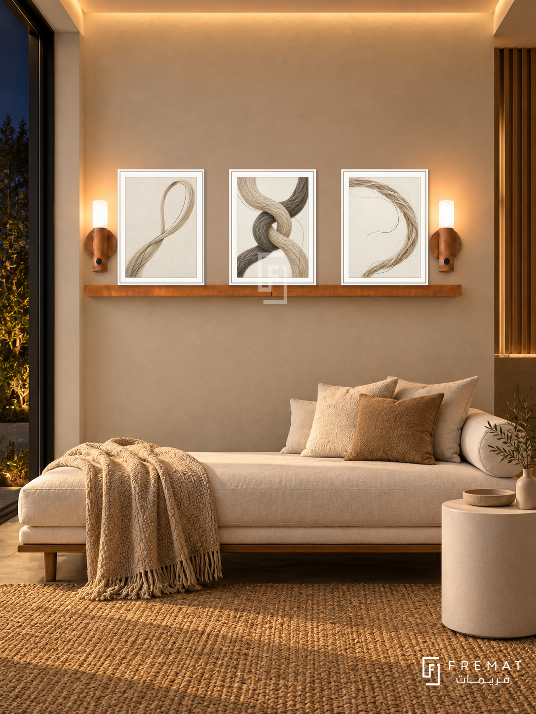 FREMAT Sisal Rhythm shelf set with three 30 x 40 cm white frames, 2 cm white borders, honey wood shelf and two warm sensor lamps. Night modern natural-texture bedroom nook, pale straw wall, ivory daybed, white cylindrical side table, thick sisal rug, dark window left, amber ceiling cove.