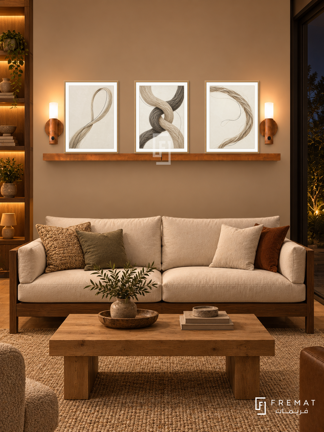 FREMAT Sisal Rhythm shelf set with three 30 x 40 cm wooden texture frames, 2 cm white borders, honey wood shelf and two warm sensor lamps. Night rustic modern family room, warm tan wall, walnut framed sofa with cream cushions, chunky oak rectangular table, woven rug, dark patio glass right, lit bookcase left.