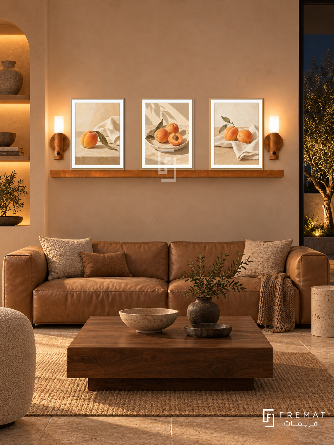 FREMAT Sunlit Apricot shelf set with three 30 x 40 cm wooden texture frames, 2 cm white borders, honey wood shelf and two warm sensor lamps. Night modern desert lounge, muted apricot limewash wall, low tan leather sofa and square walnut table, sandstone floor, dark courtyard window right, lit niche left.