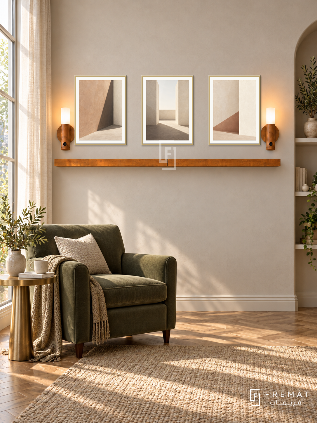 FREMAT Shadow Courtyard shelf set with three 30 x 40 cm gold frames, 2 cm white borders, honey wood shelf and two warm sensor lamps. Morning classic reading salon, sand moulded wall, deep olive armchair with brass side table, herringbone wood, bright tall window left and draped linen curtains.