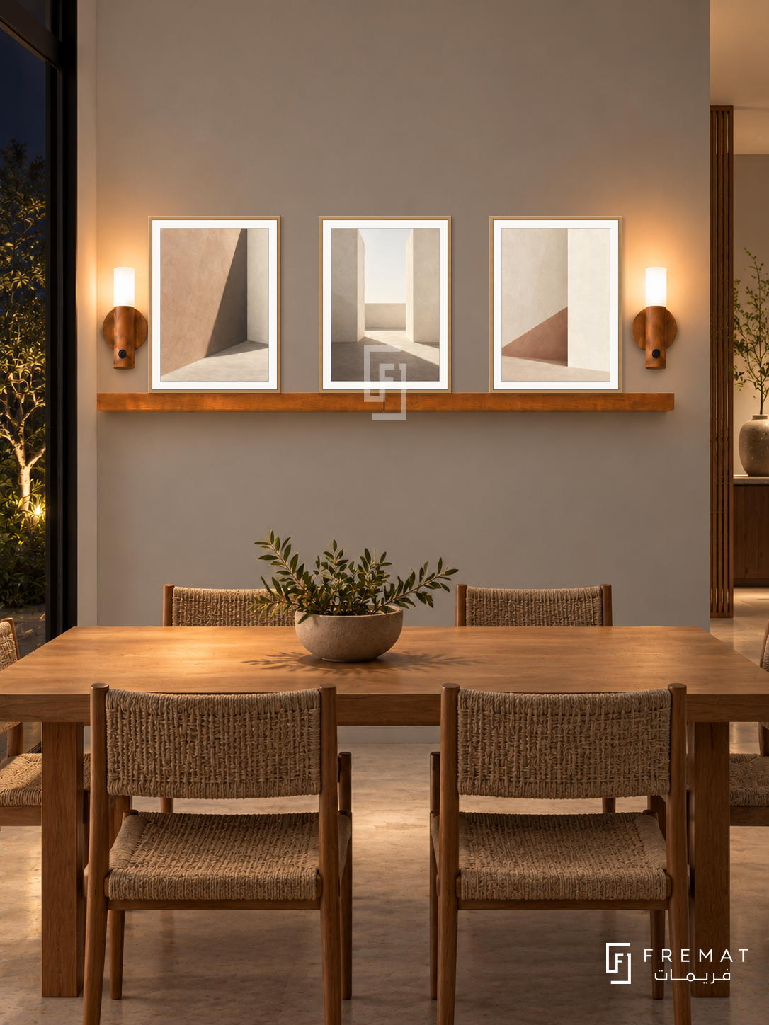 FREMAT Shadow Courtyard shelf set with three 30 x 40 cm wooden texture frames, 2 cm white borders, honey wood shelf and two warm sensor lamps. Night Japanese contemporary dining room, clay grey wall, oak rectangular dining table and woven chairs, dark window left, pale floor and soft pendant lighting outside product area.