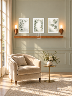 FREMAT Eucalyptus Mist shelf set with three 30 x 40 cm gold frames, 2 cm white borders, honey wood shelf and two warm sensor lamps. Morning neoclassical music-room sitting corner, pale green moulded wall, champagne velvet armchair and brass round table, light oak floor, sunlit French doors left, cream curtains.