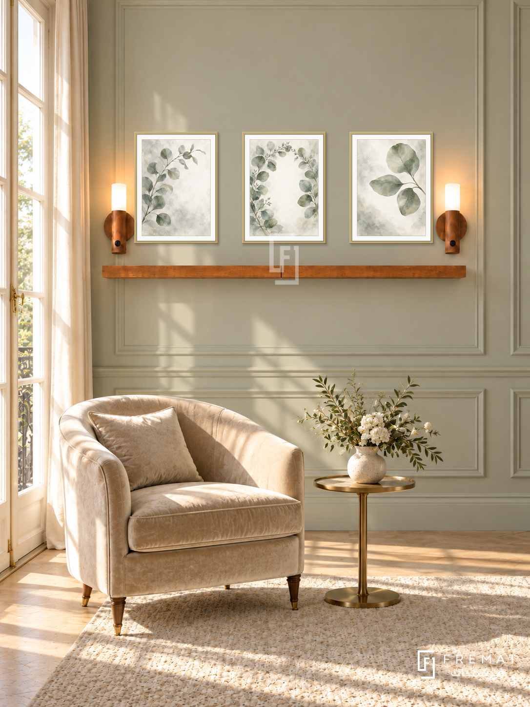 FREMAT Eucalyptus Mist shelf set with three 30 x 40 cm gold frames, 2 cm white borders, honey wood shelf and two warm sensor lamps. Morning neoclassical music-room sitting corner, pale green moulded wall, champagne velvet armchair and brass round table, light oak floor, sunlit French doors left, cream curtains.