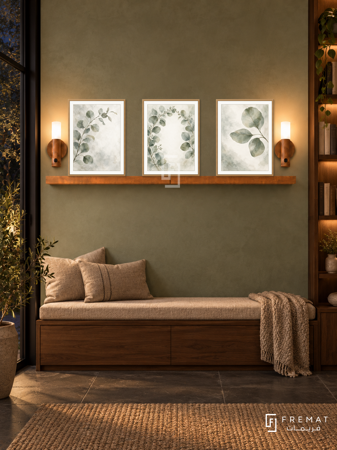 FREMAT Eucalyptus Mist shelf set with three 30 x 40 cm wooden texture frames, 2 cm white borders, honey wood shelf and two warm sensor lamps. Night warm modern library, sage limewashed wall, walnut reading bench with oatmeal cushion, slate floor and small woven rug, dark garden glass left, narrow bookcase right.