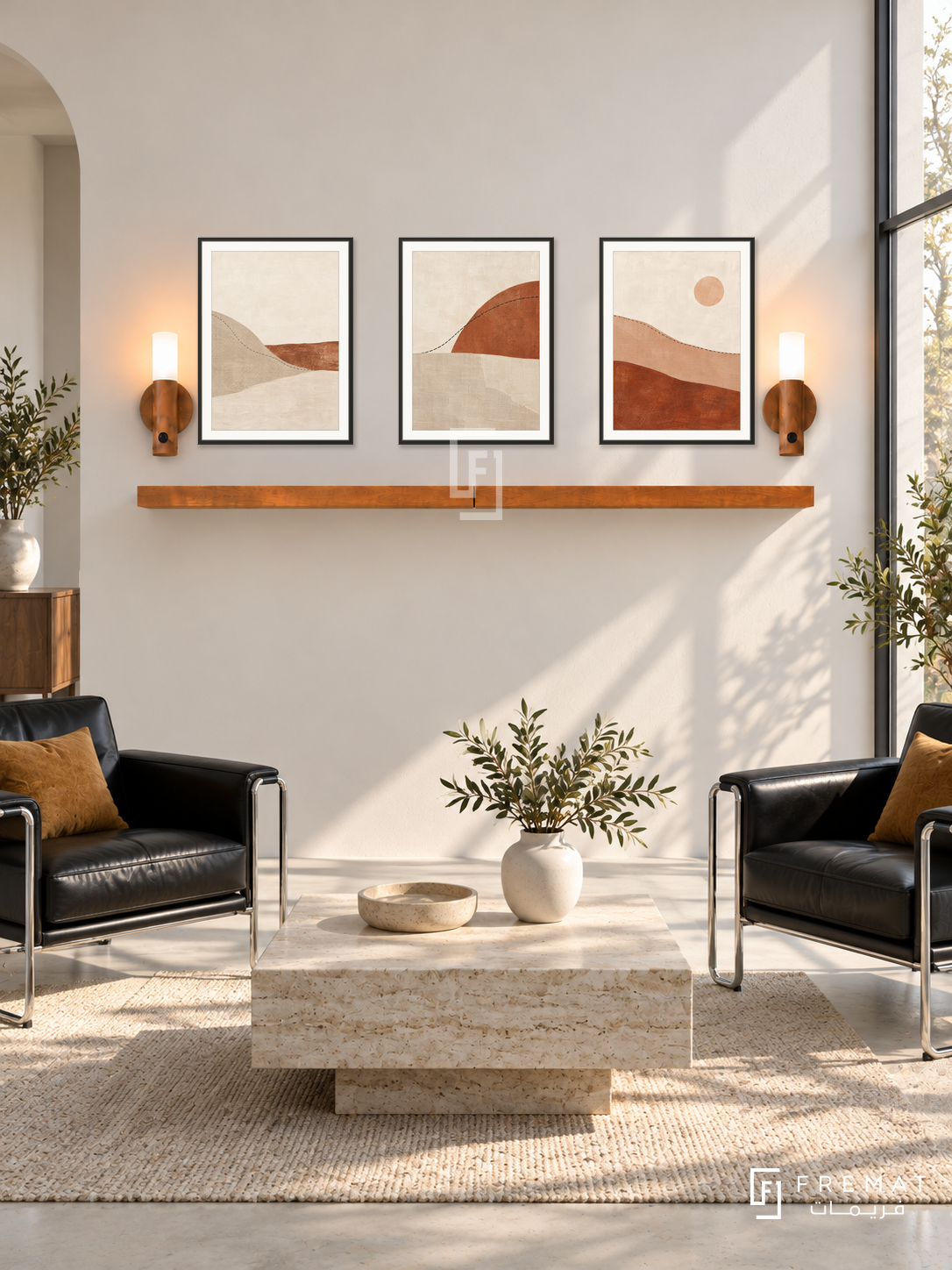 FREMAT Horizon Stitch shelf set with three 30 x 40 cm black frames, 2 cm white borders, honey wood shelf and two warm sensor lamps. Morning Bauhaus inspired living nook, ivory wall, black tubular leather armchairs and square travertine coffee table, pale concrete floor, tall sunny window right, simple ochre cushion.