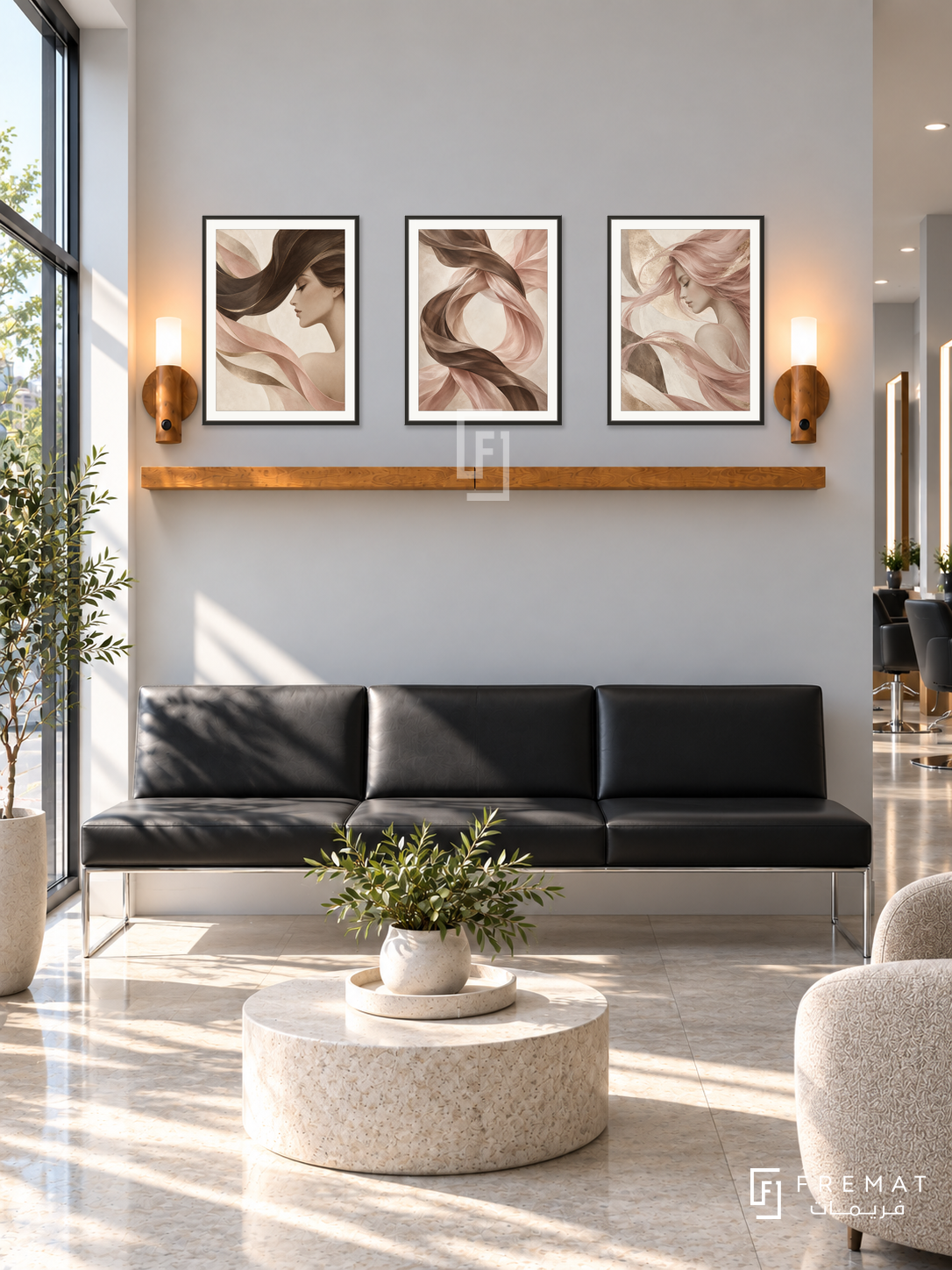 FREMAT Silk Motion shelf set with three 30 x 40 cm black frames, 2 cm white borders, honey wood shelf and two warm sensor lamps. Morning contemporary hair salon waiting area, pearl grey wall, black leather waiting bench with slim chrome legs, pale stone floor, sunny storefront glass left, hair styling stations visible only far right.