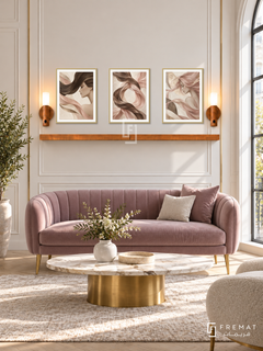 FREMAT Silk Motion shelf set with three 30 x 40 cm gold frames, 2 cm white borders, honey wood shelf and two warm sensor lamps. Morning elegant beauty lounge, ivory panelled wall, mauve velvet settee with brass legs, oval marble table, bright tall shop window right, subtle gold trim.