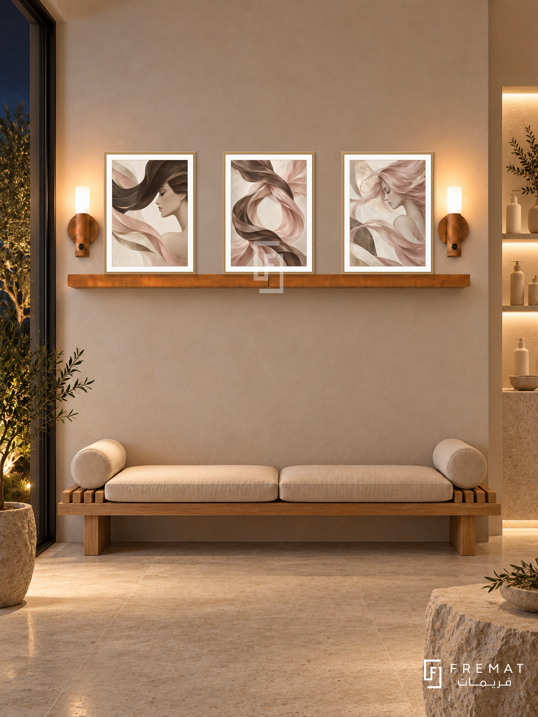 FREMAT Silk Motion shelf set with three 30 x 40 cm wooden texture frames, 2 cm white borders, honey wood shelf and two warm sensor lamps. Night organic spa waiting room, sandy plaster wall, low oak slatted bench and cream cushions, dark garden glass left, limestone floor, lit product niche far right with plain unlabelled bottles.