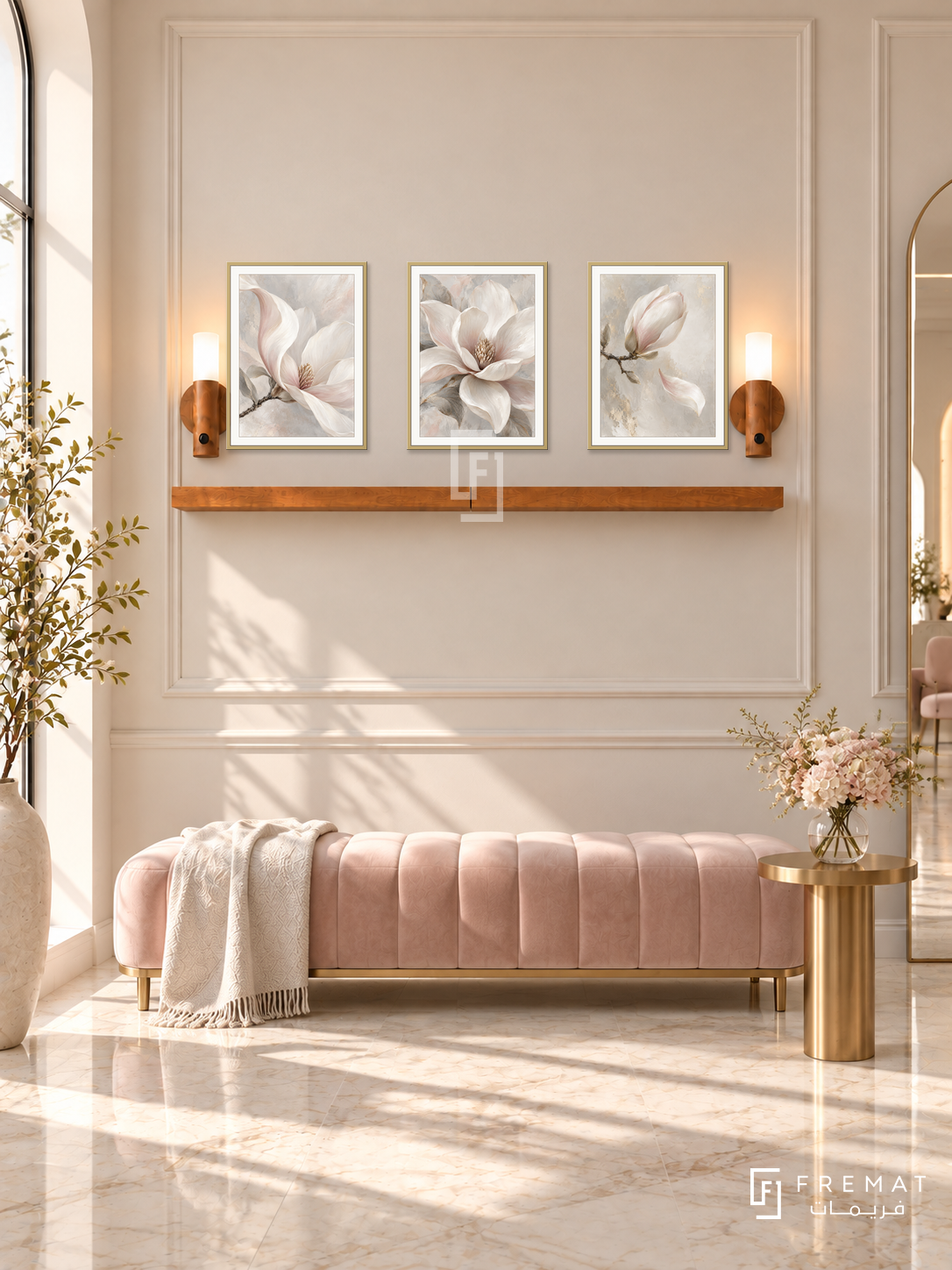 FREMAT Pearl Bloom shelf set with three 30 x 40 cm gold frames, 2 cm white borders, honey wood shelf and two warm sensor lamps. Morning refined bridal beauty studio, cream moulded wall, pale rose velvet bench and brass side table, cream marble floor, sunlight from left, tall mirror far right outside product area.