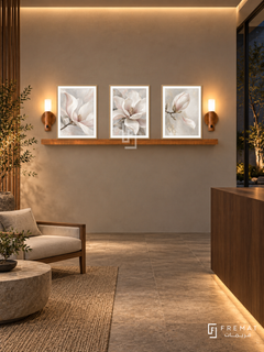 FREMAT Pearl Bloom shelf set with three 30 x 40 cm wooden texture frames, 2 cm white borders, honey wood shelf and two warm sensor lamps. Night Japanese inspired beauty reception, warm grey clay wall, walnut reception counter low right, linen lounge chair left, stone floor, dark courtyard glazing right and indirect ceiling lights.