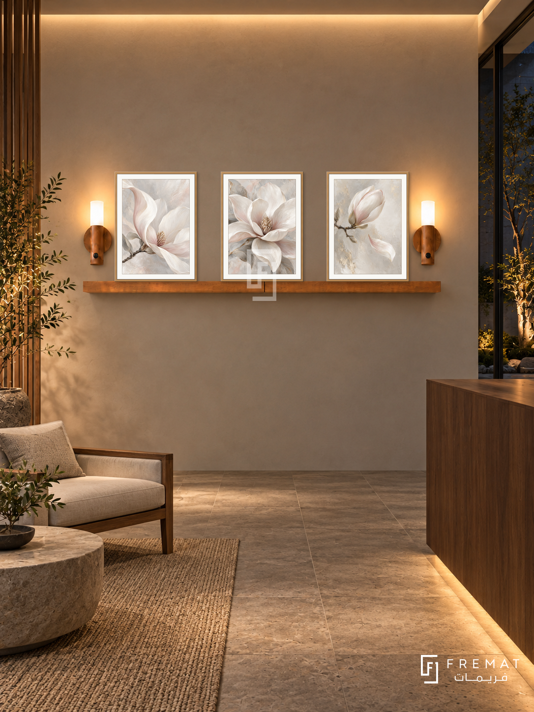 FREMAT Pearl Bloom shelf set with three 30 x 40 cm wooden texture frames, 2 cm white borders, honey wood shelf and two warm sensor lamps. Night Japanese inspired beauty reception, warm grey clay wall, walnut reception counter low right, linen lounge chair left, stone floor, dark courtyard glazing right and indirect ceiling lights.
