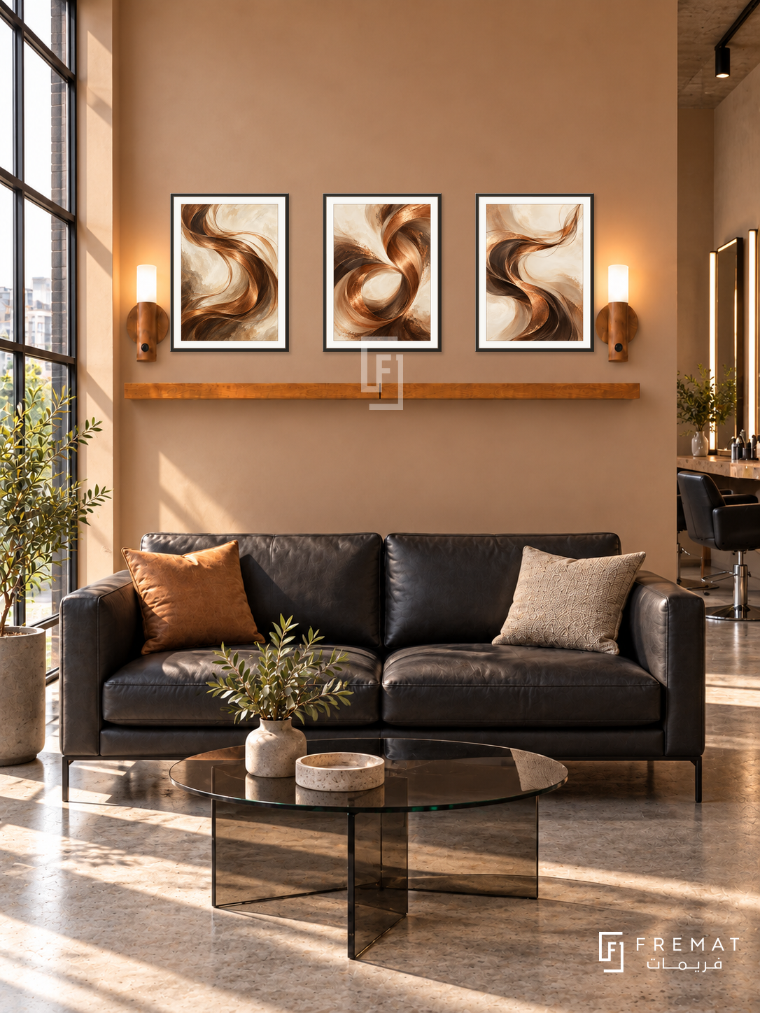FREMAT Copper Waves shelf set with three 30 x 40 cm black frames, 2 cm white borders, honey wood shelf and two warm sensor lamps. Morning urban hair studio lounge, warm copper beige wall, black leather two seat sofa, round smoked glass table, concrete floor, large sunlit factory window left, styling counter far right.