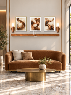 FREMAT Copper Waves shelf set with three 30 x 40 cm gold frames, 2 cm white borders, honey wood shelf and two warm sensor lamps. Morning upscale salon waiting nook, ivory wall with copper inset trims, caramel velvet settee and oval brass table, pale marble floor, sunlit entrance right.