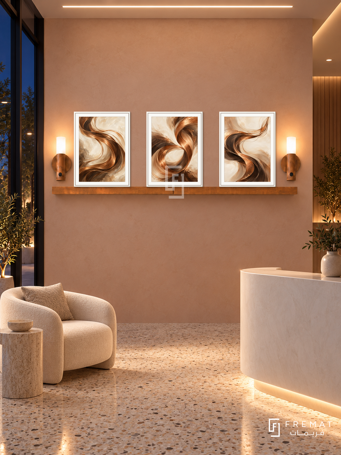 FREMAT Copper Waves shelf set with three 30 x 40 cm white frames, 2 cm white borders, honey wood shelf and two warm sensor lamps. Night contemporary wellness lobby, pale terracotta wall, white sculptural reception desk low right, ivory armchair left, terrazzo floor, dark glass entry left, warm linear ceiling lights.