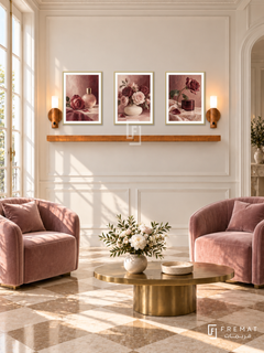 FREMAT Rose Atelier shelf set with three 30 x 40 cm gold frames, 2 cm white borders, honey wood shelf and two warm sensor lamps. Morning classic perfume salon lounge, cream moulded wall, rose velvet chairs and brass oval table, beige checkerboard stone floor, bright French door left.