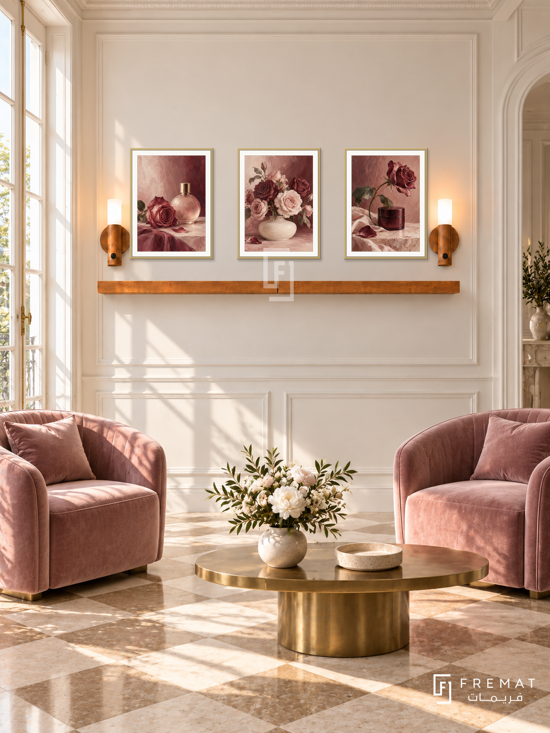 FREMAT Rose Atelier shelf set with three 30 x 40 cm gold frames, 2 cm white borders, honey wood shelf and two warm sensor lamps. Morning classic perfume salon lounge, cream moulded wall, rose velvet chairs and brass oval table, beige checkerboard stone floor, bright French door left.
