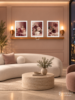 FREMAT Rose Atelier shelf set with three 30 x 40 cm white frames, 2 cm white borders, honey wood shelf and two warm sensor lamps. Night modern beauty atelier, dusty blush panelled wall, curved white sofa and low cylindrical travertine table, cream tiled floor, dark window right, warm cove light.