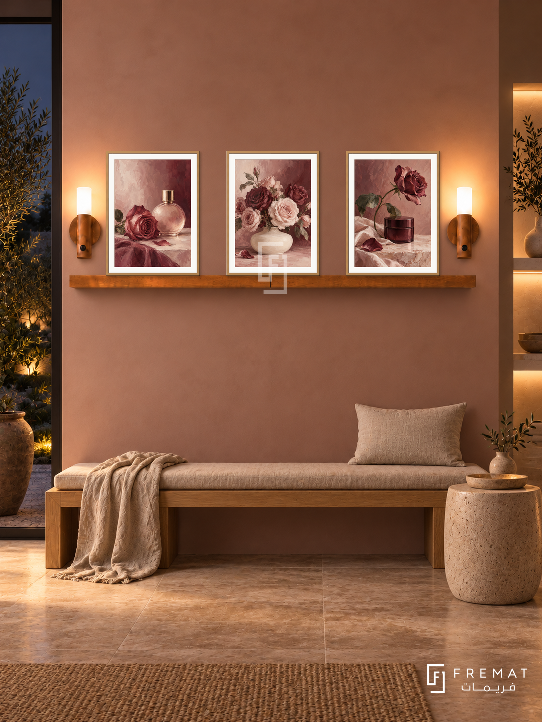FREMAT Rose Atelier shelf set with three 30 x 40 cm wooden texture frames, 2 cm white borders, honey wood shelf and two warm sensor lamps. Night organic skincare studio, muted rose clay wall, oak bench with linen cushion and squat ceramic side table, warm stone floor, dark garden opening left, lit niche right.