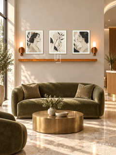 FREMAT Contour Muse shelf set with three 30 x 40 cm gold frames, 2 cm white borders, honey wood shelf and two warm sensor lamps. Morning sophisticated salon lobby, champagne moulded wall, olive velvet settee and brass coffee table, cream marble floor, sunlight through window left, curved reception counter far right.