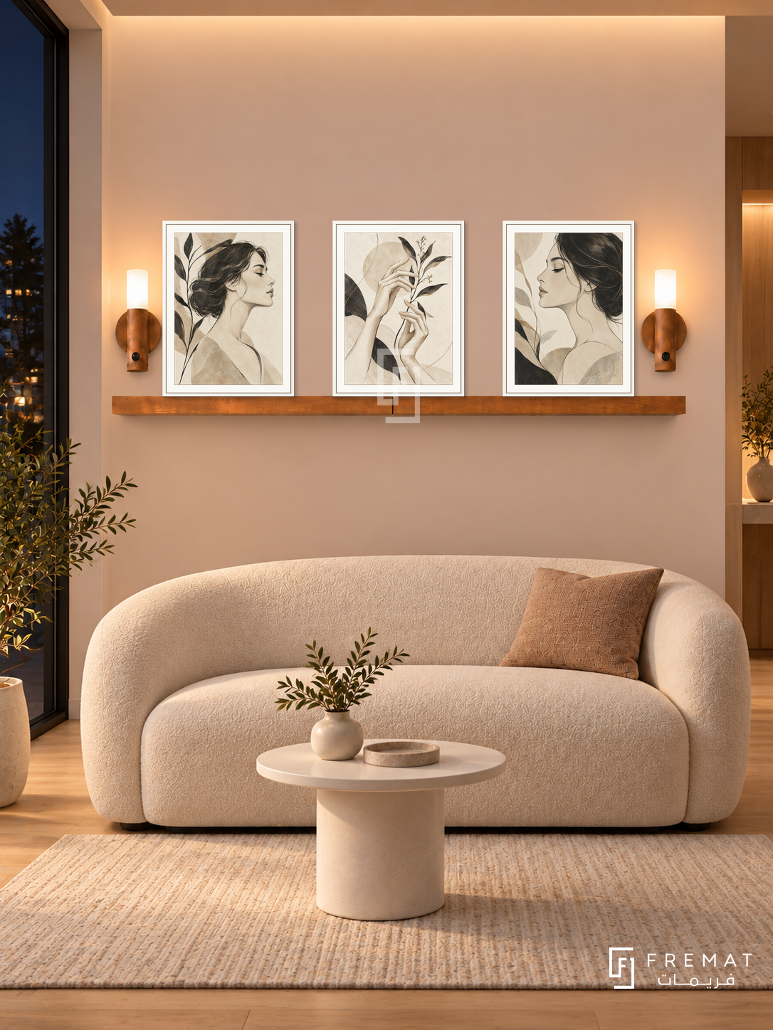 FREMAT Contour Muse shelf set with three 30 x 40 cm white frames, 2 cm white borders, honey wood shelf and two warm sensor lamps. Night minimalist cosmetic consultation lounge, pale peach wall, curved cream loveseat and small white pedestal table, light wood floor, dark window left, warm recessed lighting.