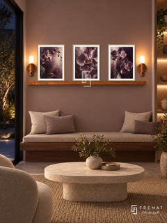 FREMAT Velvet Orchid shelf set with three 30 x 40 cm wooden texture frames, 2 cm white borders, honey wood shelf and two warm sensor lamps. Night contemporary botanical spa, muted mauve clay wall, walnut bench with linen cushions, oval limestone table, dark courtyard left, lit oak shelving right.