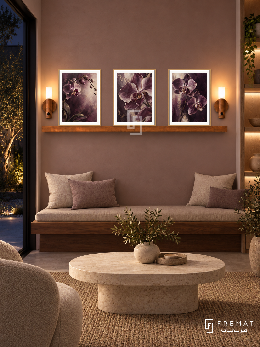 FREMAT Velvet Orchid shelf set with three 30 x 40 cm wooden texture frames, 2 cm white borders, honey wood shelf and two warm sensor lamps. Night contemporary botanical spa, muted mauve clay wall, walnut bench with linen cushions, oval limestone table, dark courtyard left, lit oak shelving right.