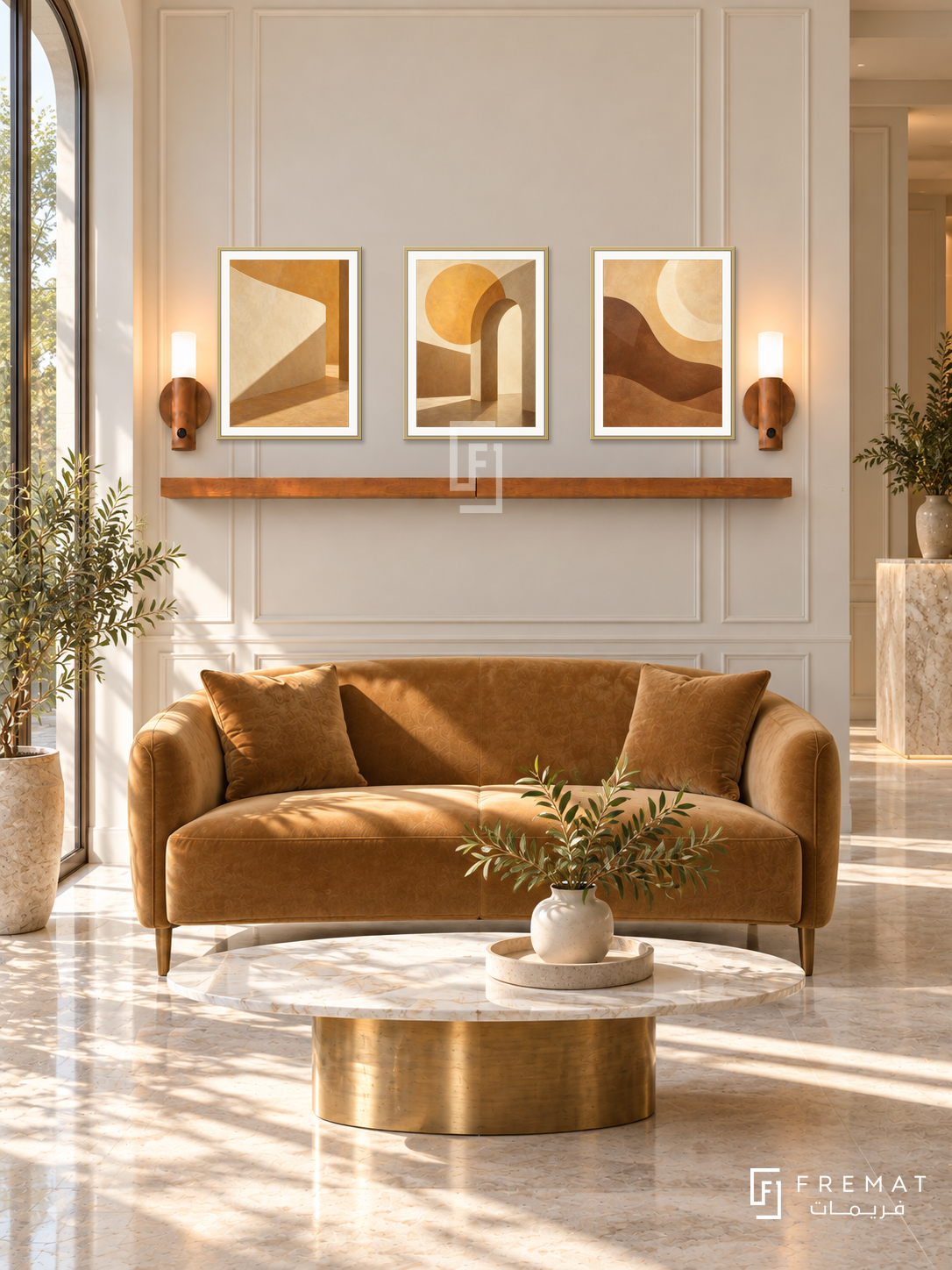 FREMAT Golden Hour shelf set with three 30 x 40 cm gold frames, 2 cm white borders, honey wood shelf and two warm sensor lamps. Morning luxurious spa lobby, creamy panelled wall, ochre velvet loveseat, oval brass and marble table, pale stone floor, sunlit glass door left.