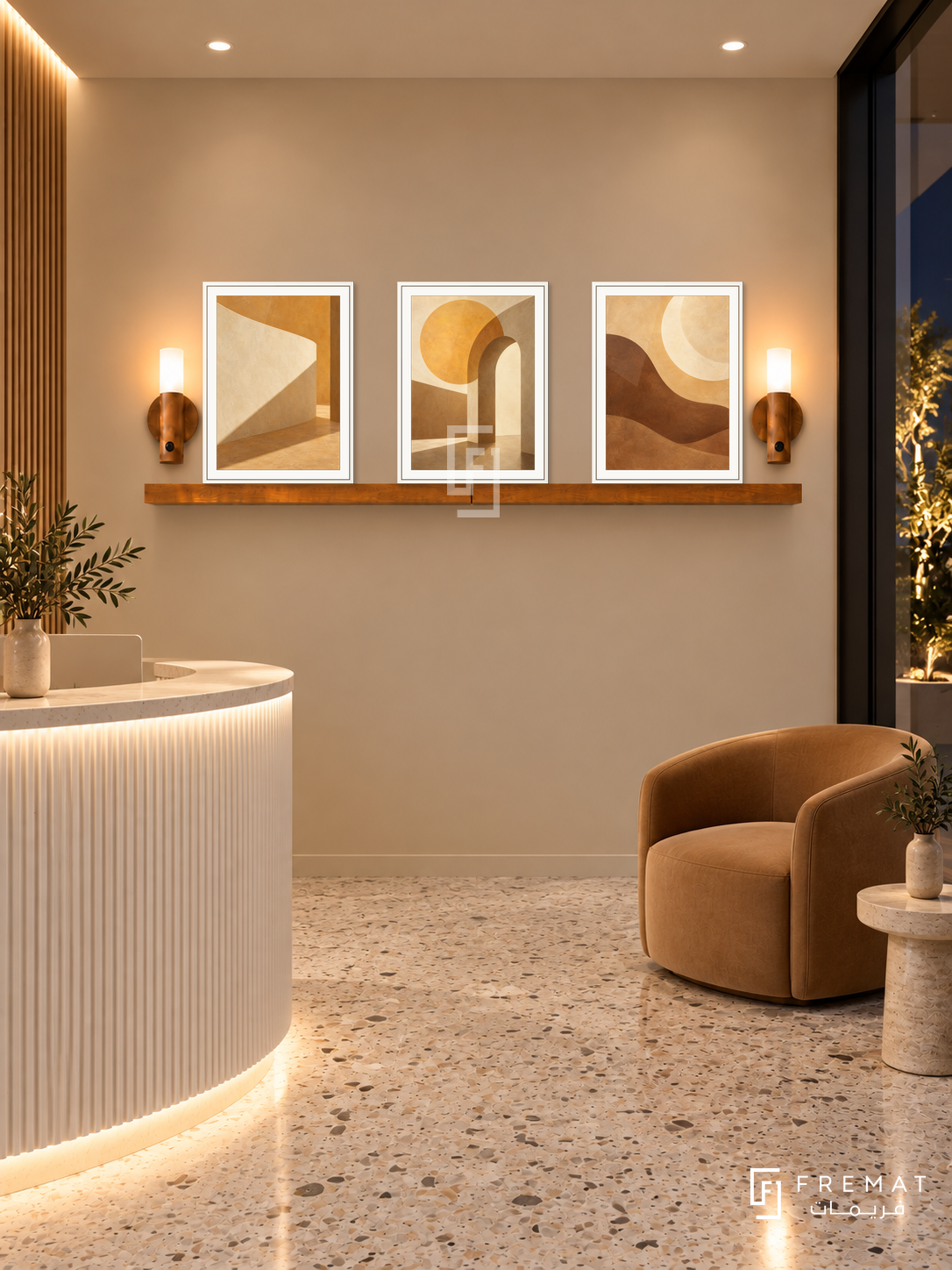 FREMAT Golden Hour shelf set with three 30 x 40 cm white frames, 2 cm white borders, honey wood shelf and two warm sensor lamps. Night contemporary beauty reception, muted honey beige wall, white curved reception counter left and tan chair right, terrazzo floor, dark storefront right, ceiling downlights.