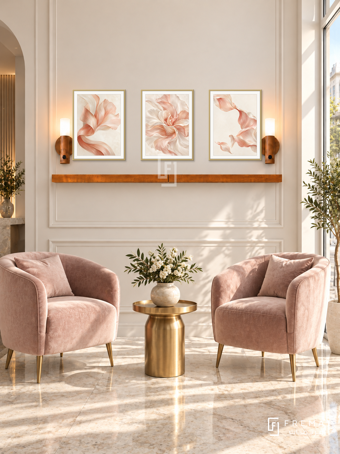 FREMAT Satin Petals shelf set with three 30 x 40 cm gold frames, 2 cm white borders, honey wood shelf and two warm sensor lamps. Morning refined beauty lounge, ivory wall with slim mouldings, blush velvet armchairs and golden pedestal table, cream marble floor, tall sunlit shop window right.