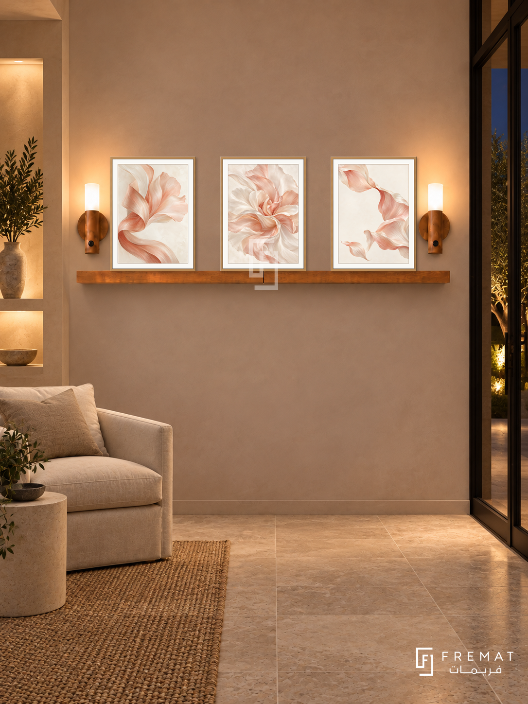 FREMAT Satin Petals shelf set with three 30 x 40 cm wooden texture frames, 2 cm white borders, honey wood shelf and two warm sensor lamps. Night warm natural spa foyer, rose taupe plaster wall, walnut console below and linen chair at left, stone tile floor, dark glass entrance right, soft wall niche at left.
