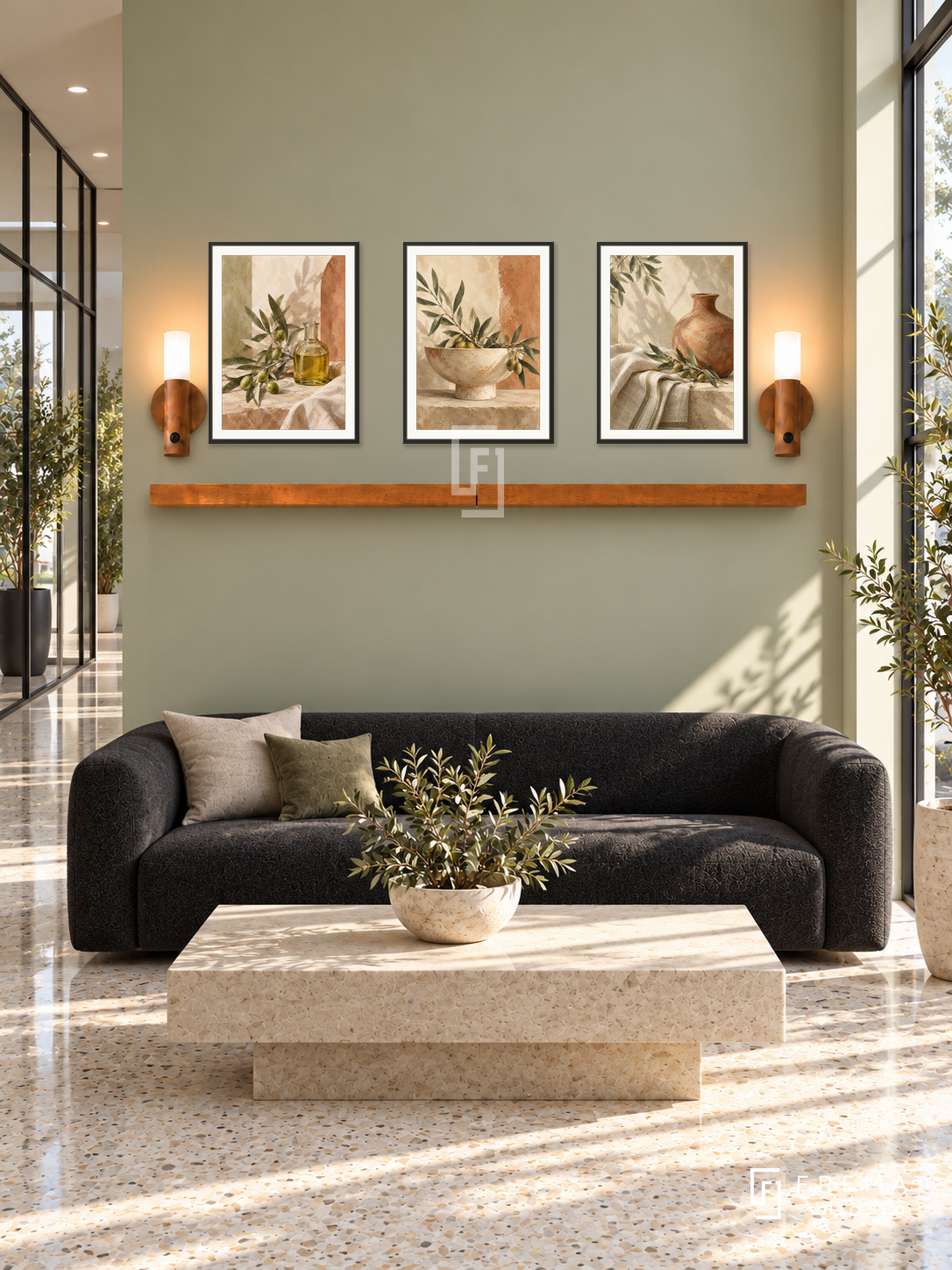 FREMAT Olive Ritual shelf set with three 30 x 40 cm black frames, 2 cm white borders, honey wood shelf and two warm sensor lamps. Morning contemporary botanical salon lobby, pale olive wall, black low settee and rectangular limestone table, cream terrazzo, sunny shopfront right, glass corridor left.