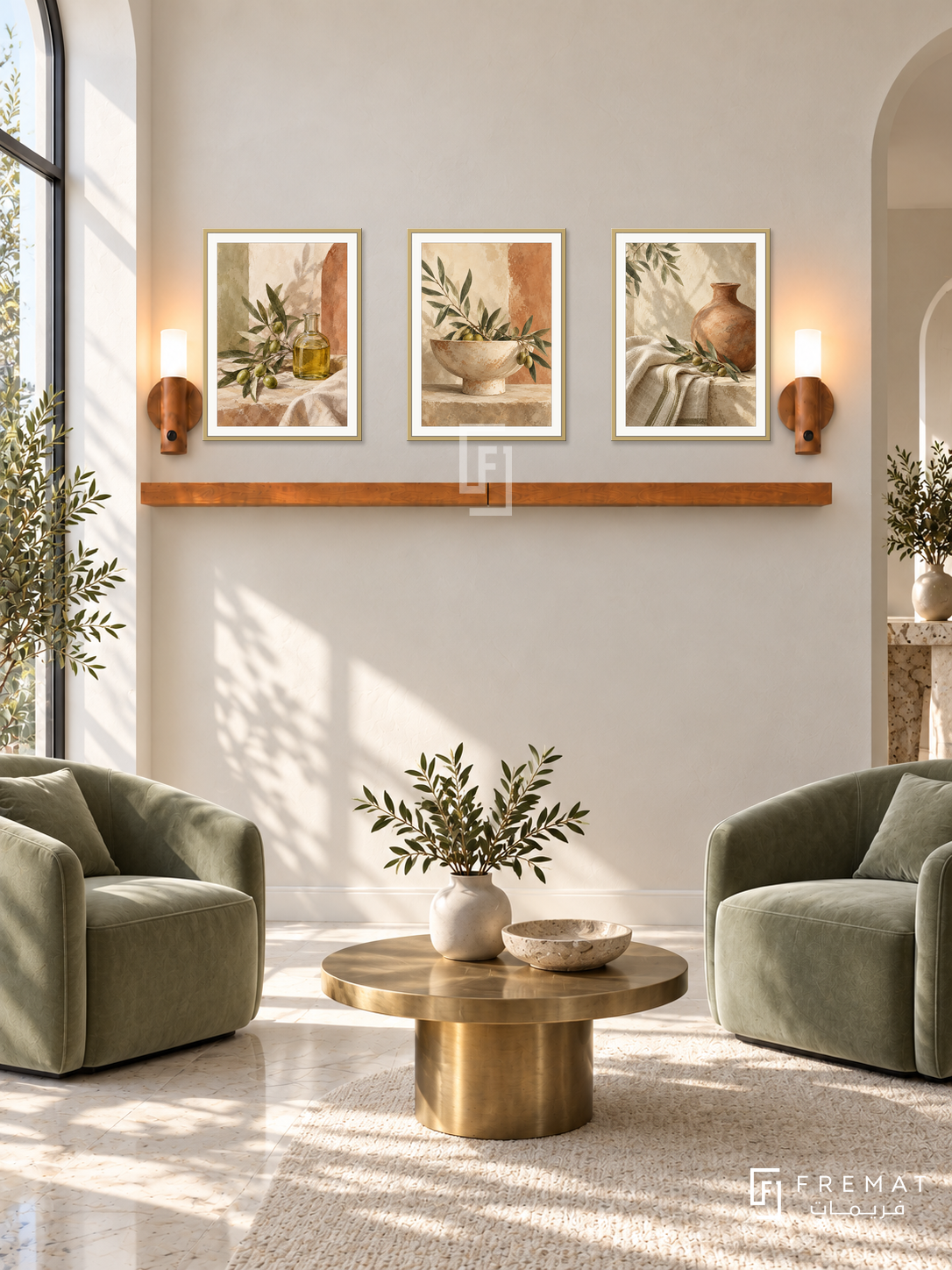 FREMAT Olive Ritual shelf set with three 30 x 40 cm gold frames, 2 cm white borders, honey wood shelf and two warm sensor lamps. Morning refined wellness lounge, ivory moulded wall, sage velvet armchairs and brass round table, pale marble floor, sunlit tall window left, restrained olive branch vase.