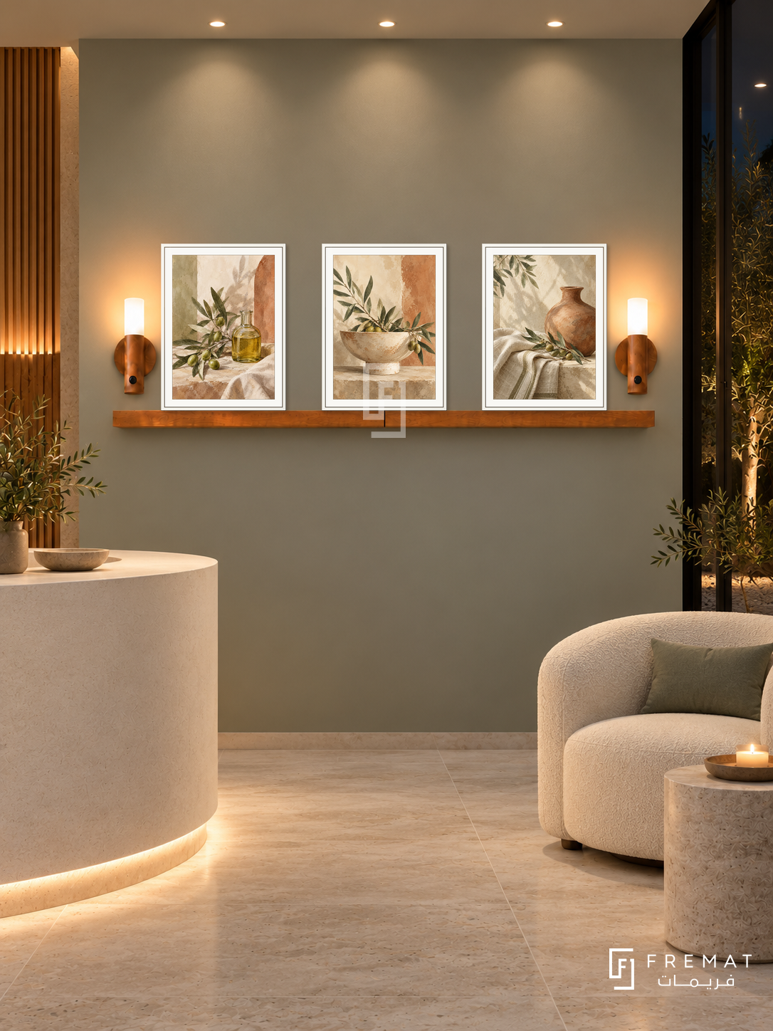 FREMAT Olive Ritual shelf set with three 30 x 40 cm white frames, 2 cm white borders, honey wood shelf and two warm sensor lamps. Night modern herbal spa reception, sage grey wall, curved white counter low left and cream lounge chair right, pale stone floor, dark courtyard glass right, warm ceiling spots.