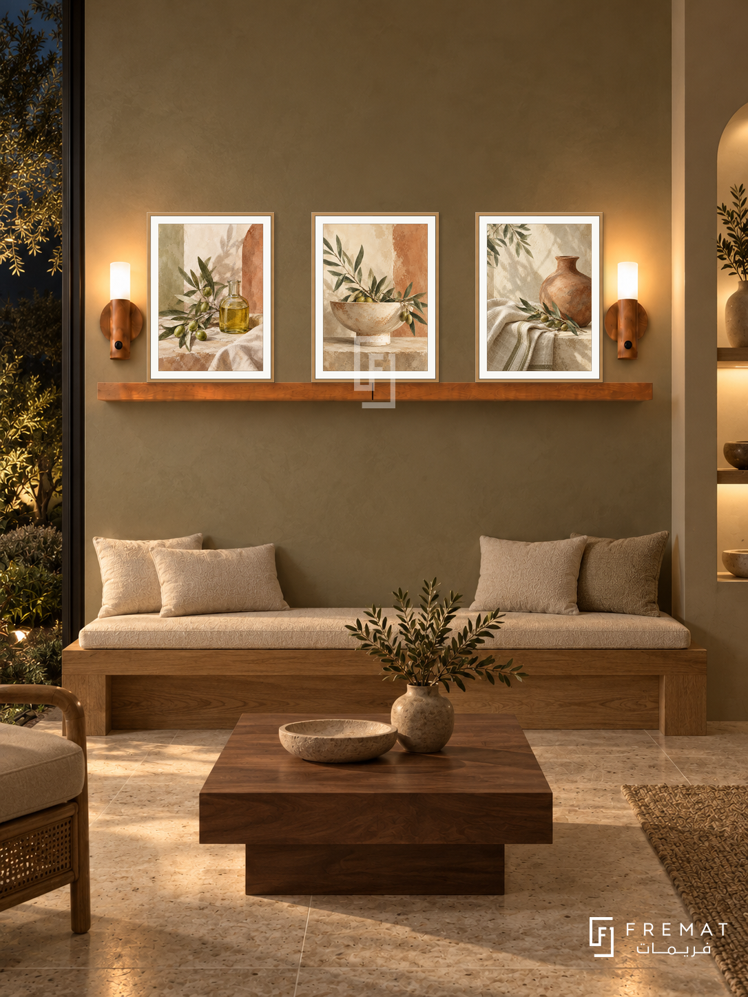 FREMAT Olive Ritual shelf set with three 30 x 40 cm wooden texture frames, 2 cm white borders, honey wood shelf and two warm sensor lamps. Night earthy skincare waiting room, warm olive plaster wall, oak bench with cream cushions, square walnut table, limestone floor, dark garden left, softly lit niche right.