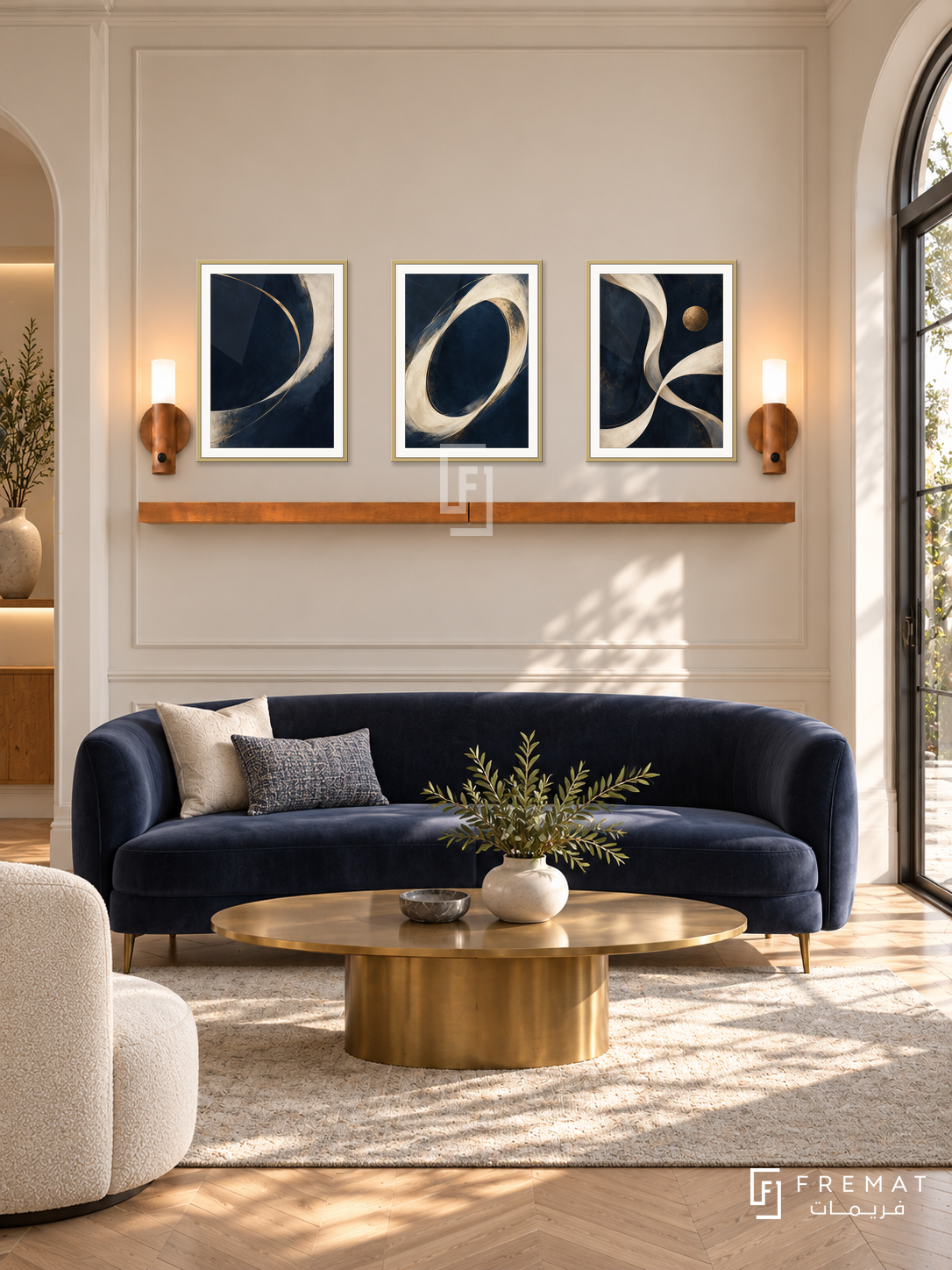 FREMAT Midnight Grace shelf set with three 30 x 40 cm gold frames, 2 cm white borders, honey wood shelf and two warm sensor lamps. Morning sophisticated beauty lounge, cream moulded wall, midnight blue velvet settee and brass oval table, light herringbone wood, sunny door right.
