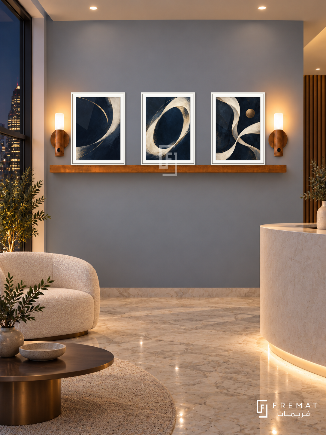 FREMAT Midnight Grace shelf set with three 30 x 40 cm white frames, 2 cm white borders, honey wood shelf and two warm sensor lamps. Night elegant salon reception, muted blue grey wall, white curved counter right and ivory chair left, marble floor, dark city window left, warm recessed ceiling lights.