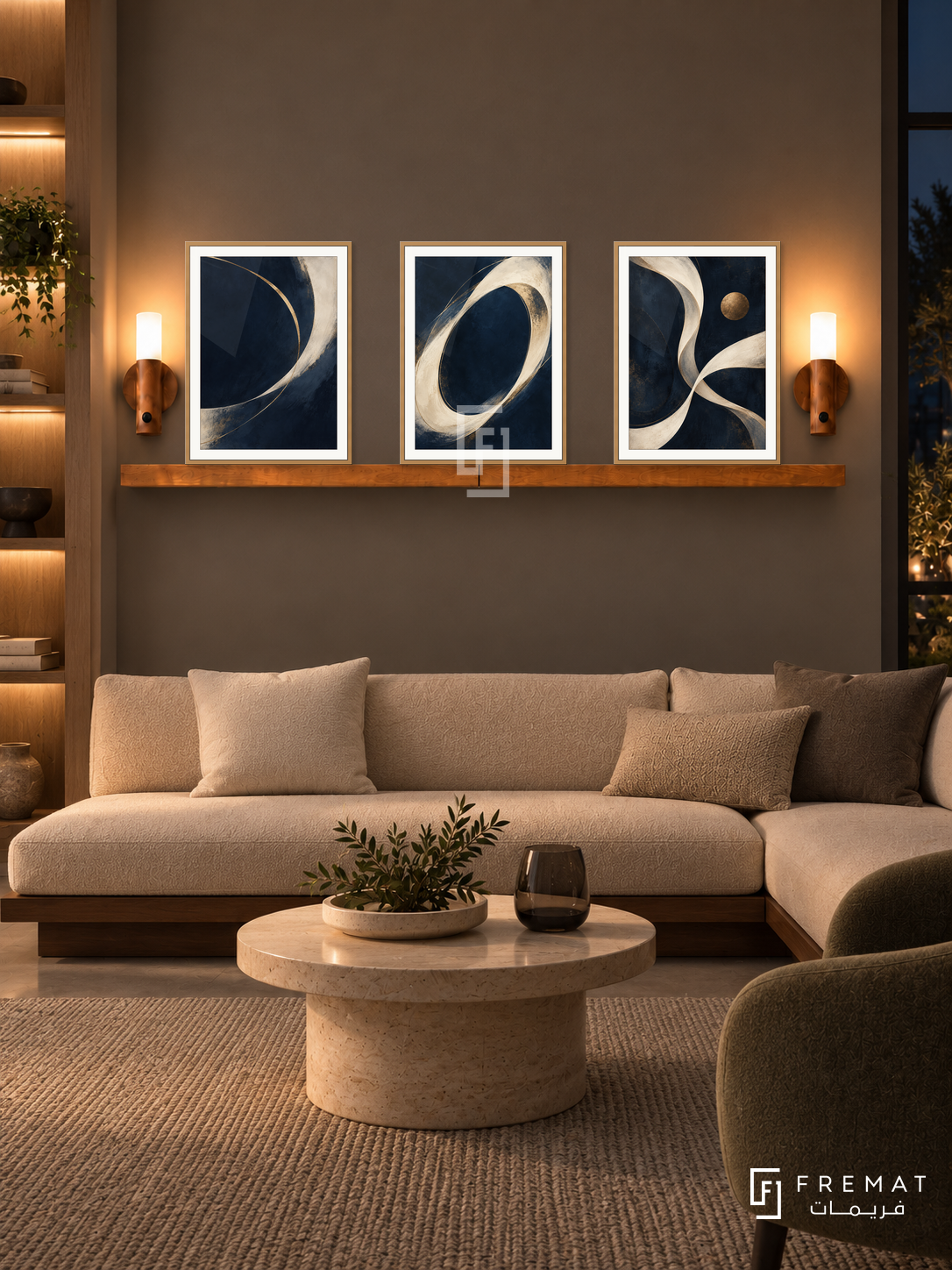 FREMAT Midnight Grace shelf set with three 30 x 40 cm wooden texture frames, 2 cm white borders, honey wood shelf and two warm sensor lamps. Night intimate wellness studio, deep slate taupe wall, walnut bench with oatmeal cushions, small round limestone table, dark glass right, oak shelving lit softly left.