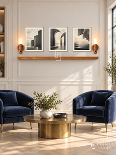 FREMAT Shared Horizon shelf set with three 30 x 40 cm gold frames, 2 cm white borders, honey wood shelf and two warm sensor lamps. Morning executive office lounge, ivory panelled wall, navy velvet chairs and brass oval table, pale herringbone wood floor, sunny window right, restrained architectural details.