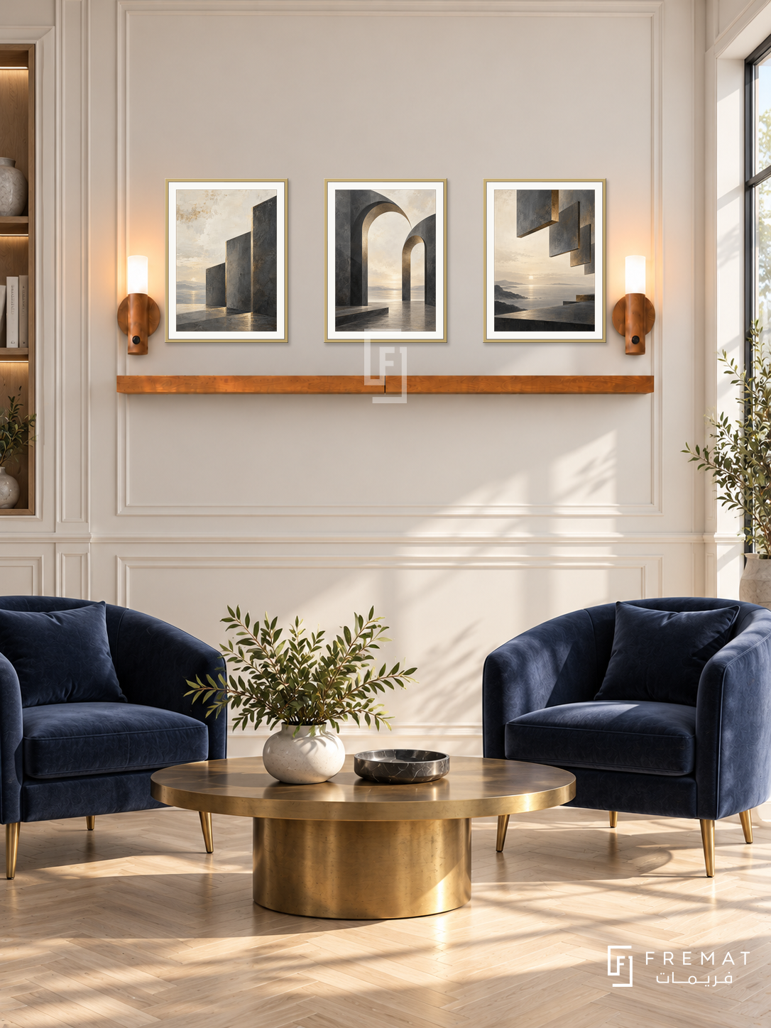 FREMAT Shared Horizon shelf set with three 30 x 40 cm gold frames, 2 cm white borders, honey wood shelf and two warm sensor lamps. Morning executive office lounge, ivory panelled wall, navy velvet chairs and brass oval table, pale herringbone wood floor, sunny window right, restrained architectural details.