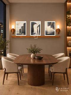 FREMAT Shared Horizon shelf set with three 30 x 40 cm wooden texture frames, 2 cm white borders, honey wood shelf and two warm sensor lamps. Night creative agency meeting nook, taupe wall, walnut meeting table and cream upholstered chairs, oak floor, dark window left, lit bookcase right.