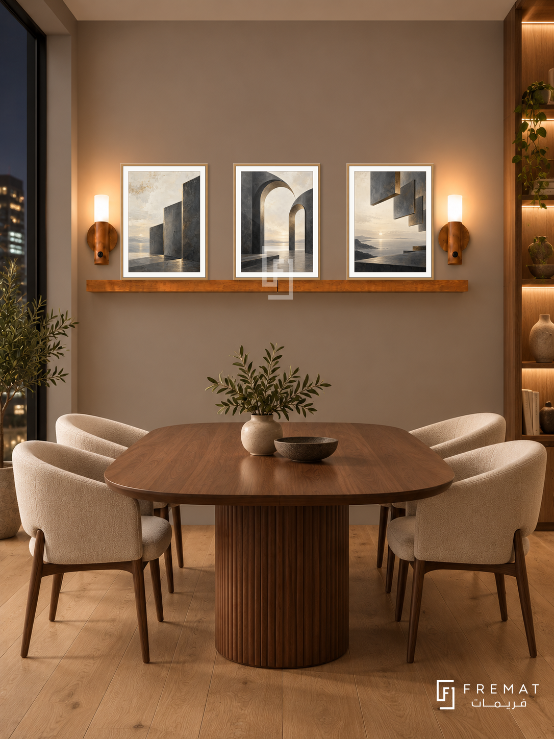 FREMAT Shared Horizon shelf set with three 30 x 40 cm wooden texture frames, 2 cm white borders, honey wood shelf and two warm sensor lamps. Night creative agency meeting nook, taupe wall, walnut meeting table and cream upholstered chairs, oak floor, dark window left, lit bookcase right.