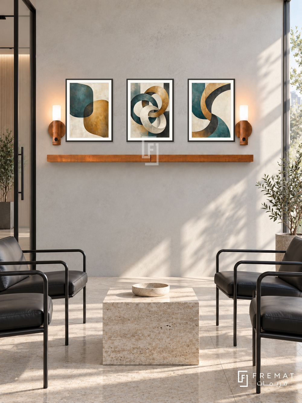 FREMAT Connected Forms shelf set with three 30 x 40 cm black frames, 2 cm white borders, honey wood shelf and two warm sensor lamps. Morning architectural office waiting area, pale concrete wall, black tubular chairs and square travertine table, light stone floor, sunny window right, glass door left.