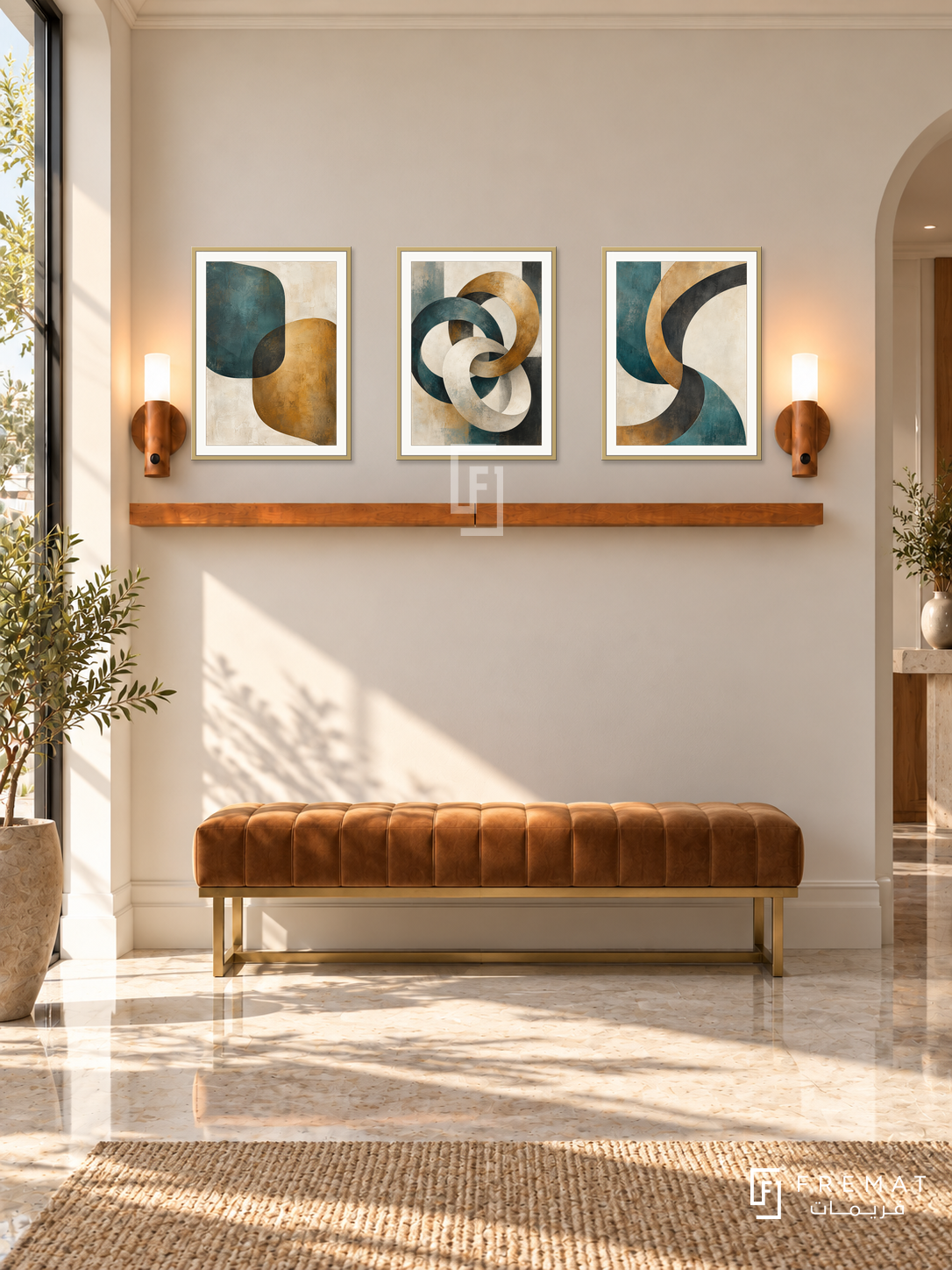 FREMAT Connected Forms shelf set with three 30 x 40 cm gold frames, 2 cm white borders, honey wood shelf and two warm sensor lamps. Morning boutique consulting lounge, warm ivory moulded wall, caramel velvet bench with brass base, pale marble floor, sunlit tall doorway left.