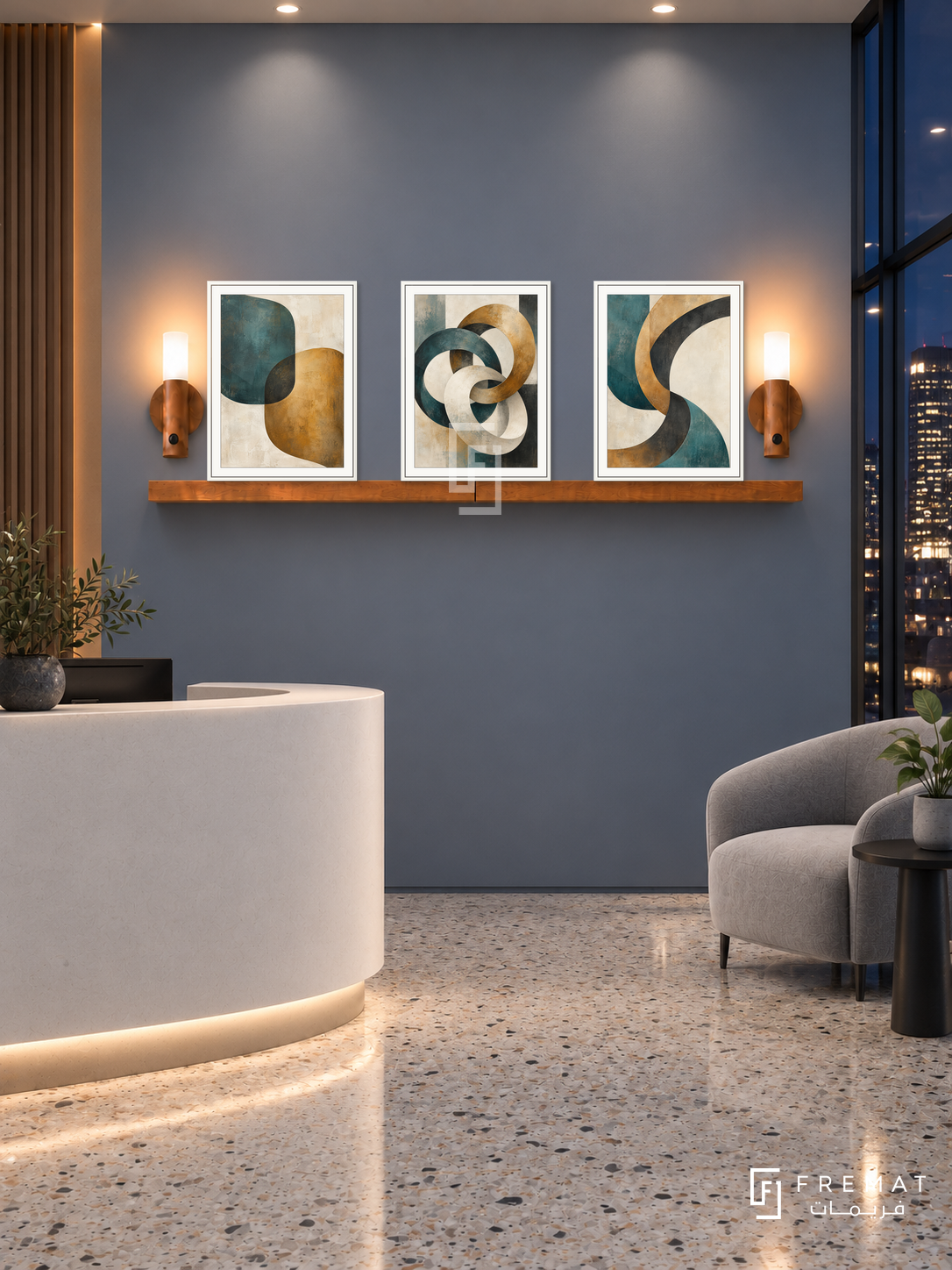 FREMAT Connected Forms shelf set with three 30 x 40 cm white frames, 2 cm white borders, honey wood shelf and two warm sensor lamps. Night technology office reception, muted slate blue wall, white curved front desk low left and grey armchair right, terrazzo floor, dark city glass right, soft ceiling spots.