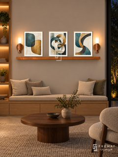 FREMAT Connected Forms shelf set with three 30 x 40 cm wooden texture frames, 2 cm white borders, honey wood shelf and two warm sensor lamps. Night design studio library corner, muted greige wall, oak built-in bench with linen cushions, low walnut table, dark garden window right, warmly lit shelves far left.