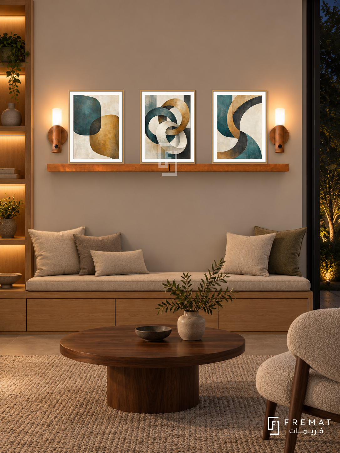 FREMAT Connected Forms shelf set with three 30 x 40 cm wooden texture frames, 2 cm white borders, honey wood shelf and two warm sensor lamps. Night design studio library corner, muted greige wall, oak built-in bench with linen cushions, low walnut table, dark garden window right, warmly lit shelves far left.